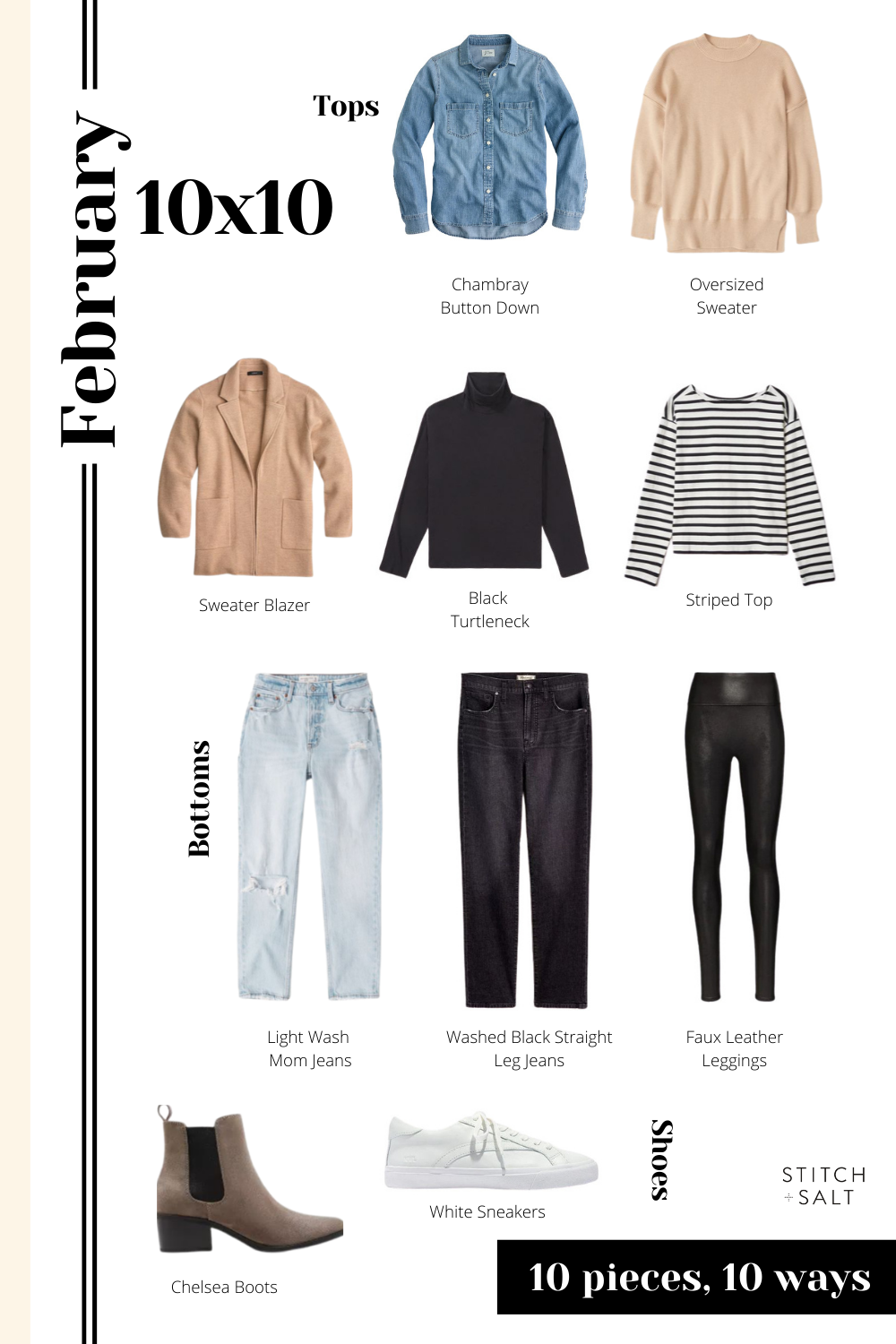 collage graphic with a chambray button down from J.Crew, a tan oversized ribbed sweater from Abercrombie, a brown sweater blazer from J.Crew, a black turtleneck from J.Crew, a black and white striped top from Everlane, light washed distressed mom jeans from Abercrombie, washed black vintage jean from Madewell, Spanx faux leather leggings, brown Chelsea boots from Target and white sneakers from Madewell