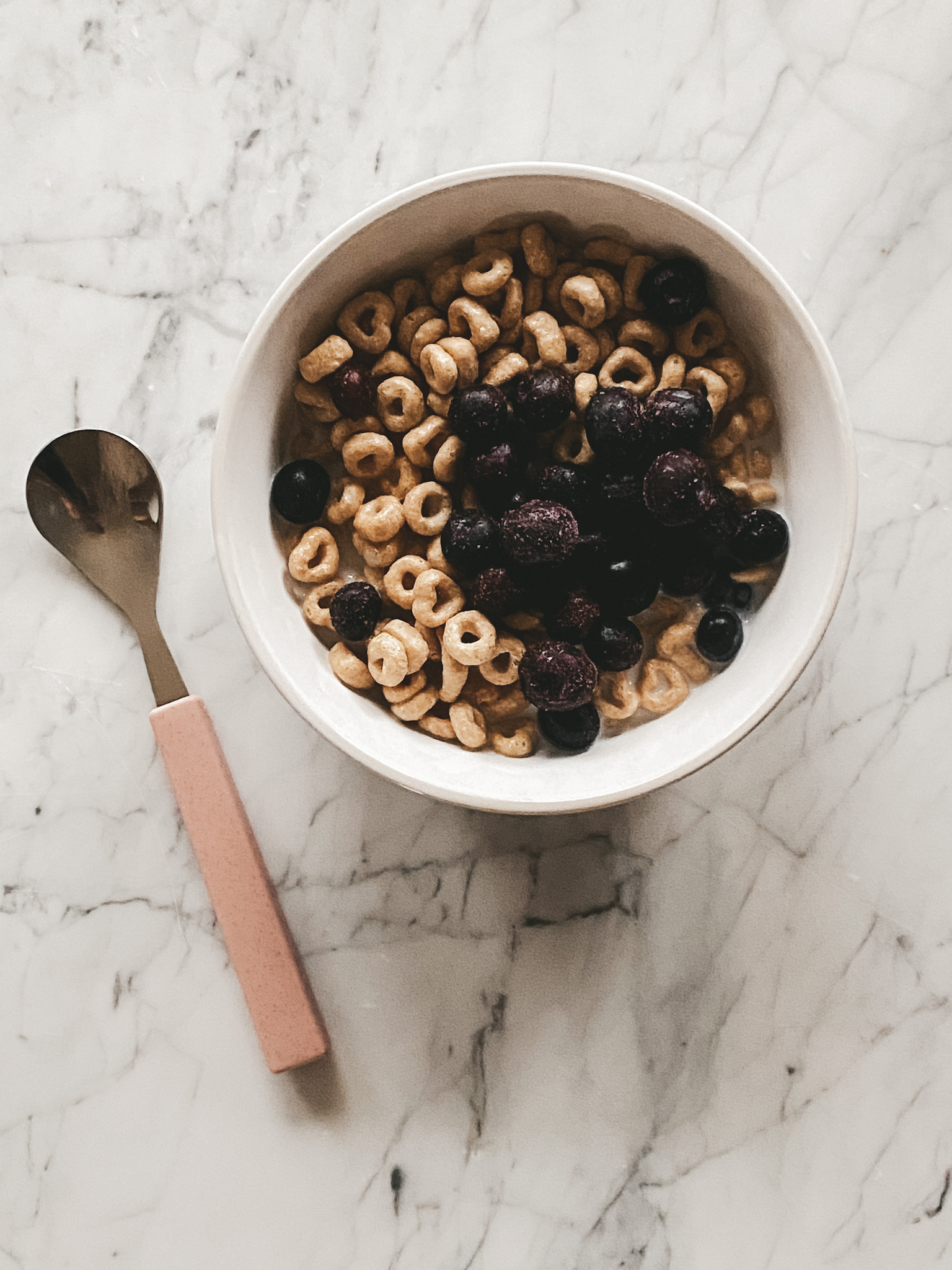 a bowl of Honey Nut Cheerios with blueberries and a toddler spoon