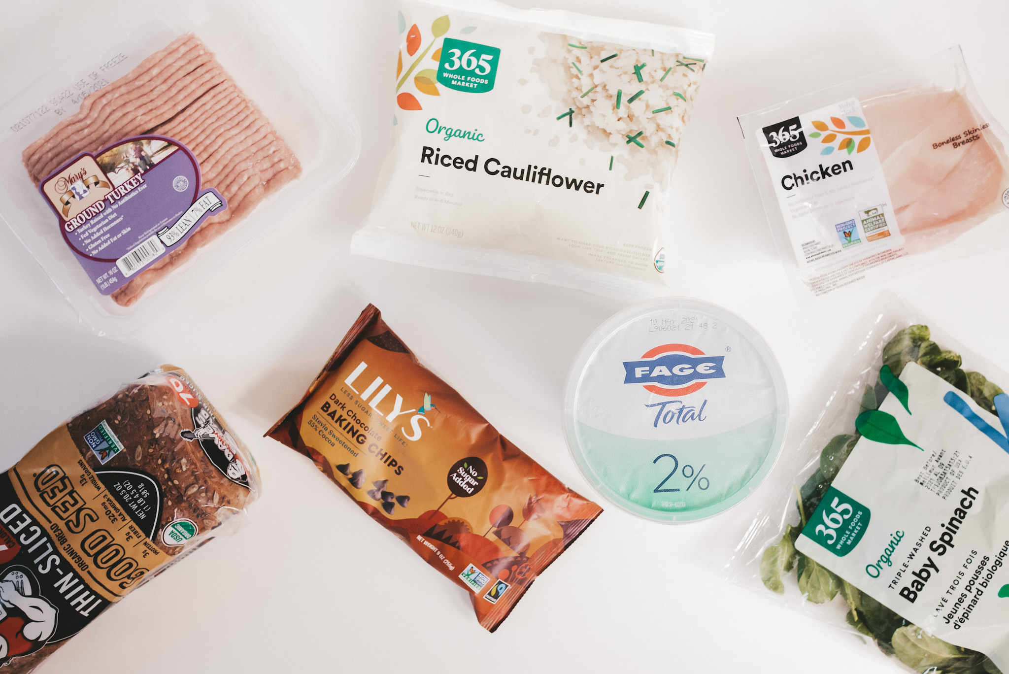 a flat lay featuring grocery staples 