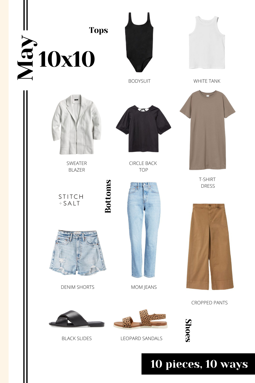 a collage graphic with 10 items of spring and summer clothing