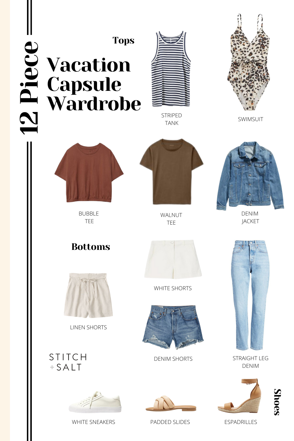 a collage graphic containing a 12 piece vacation capsule wardrobe