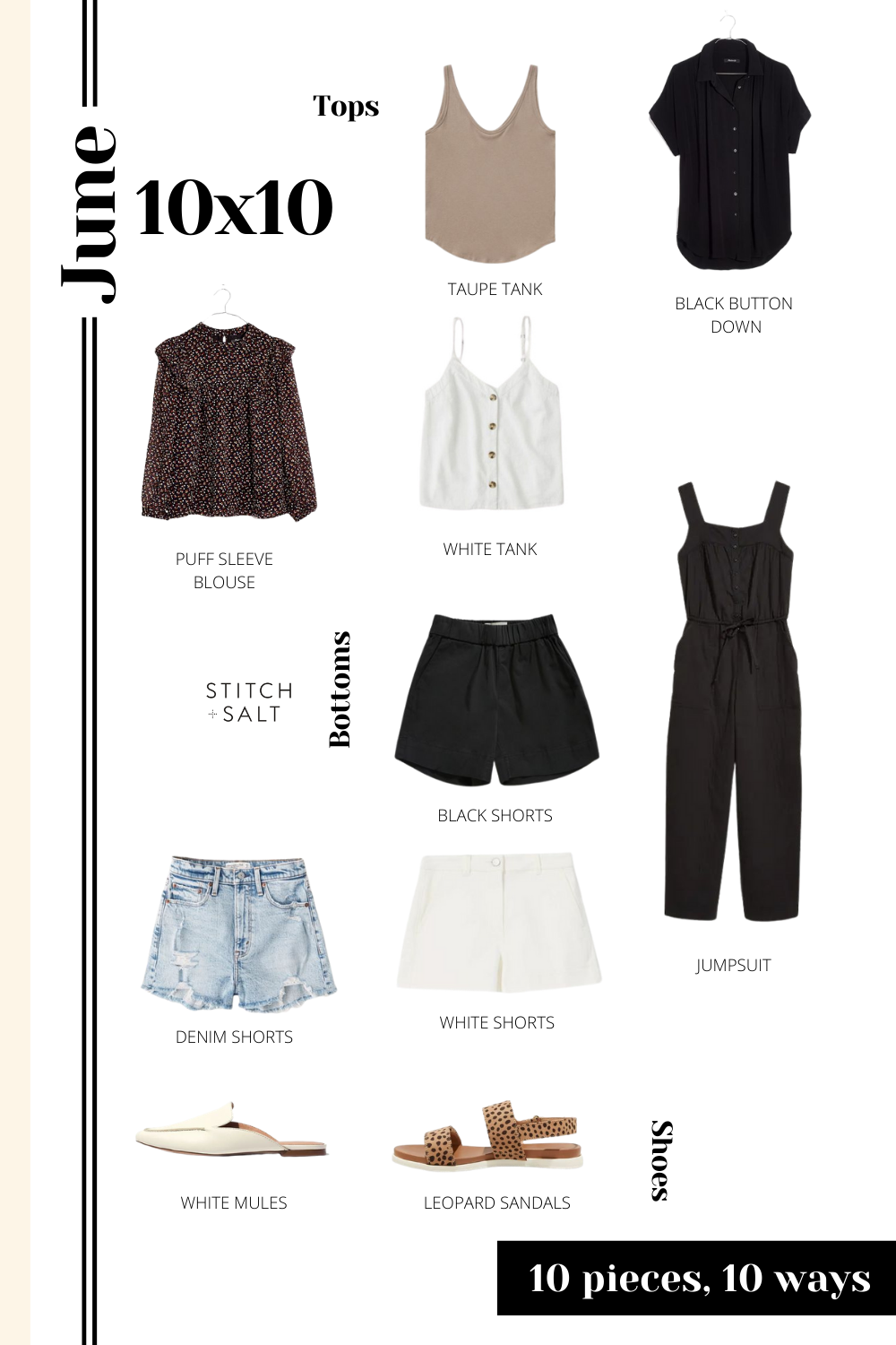 a collage graphic with 10 different garments including 4 tops, a jumpsuit, 3 shorts and 2 pairs of shoes