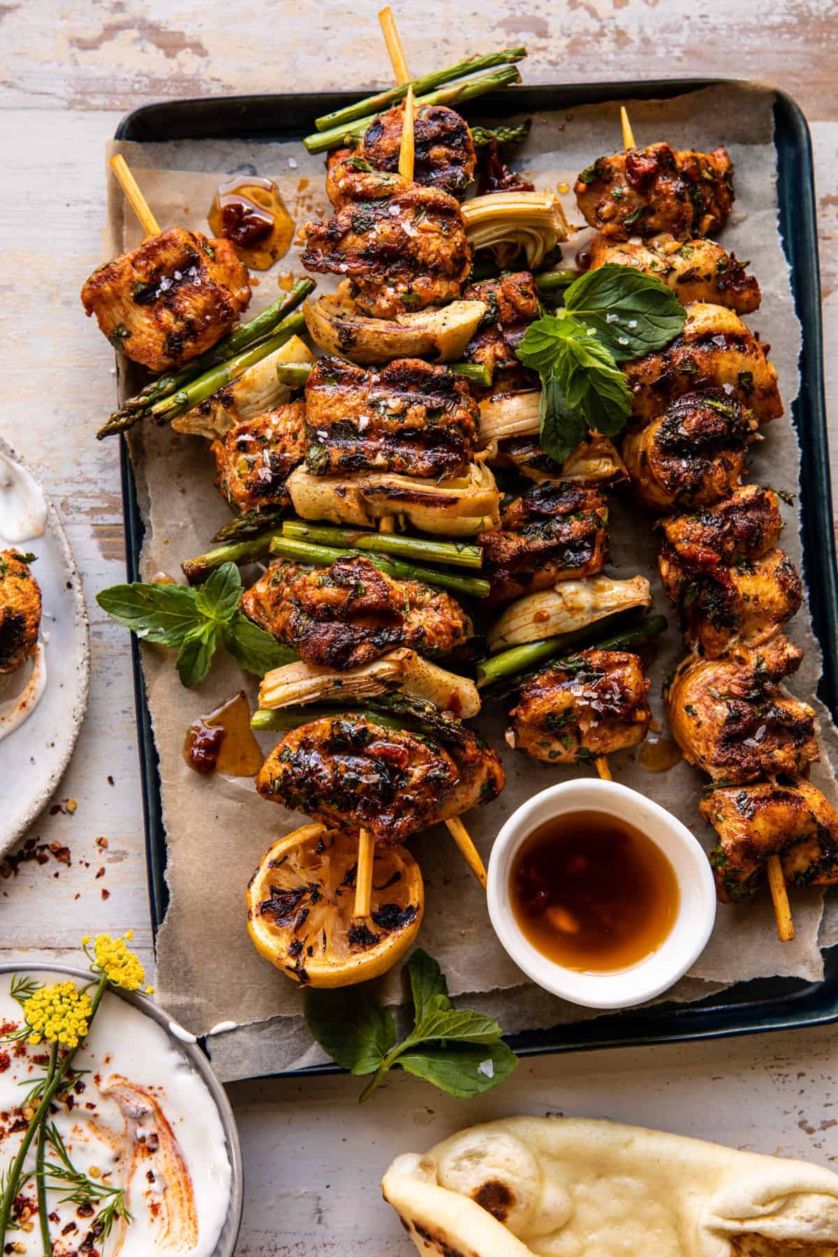 Lemon Chicken Skewers with Creamy Feta Sauce by Half Baked Harvest