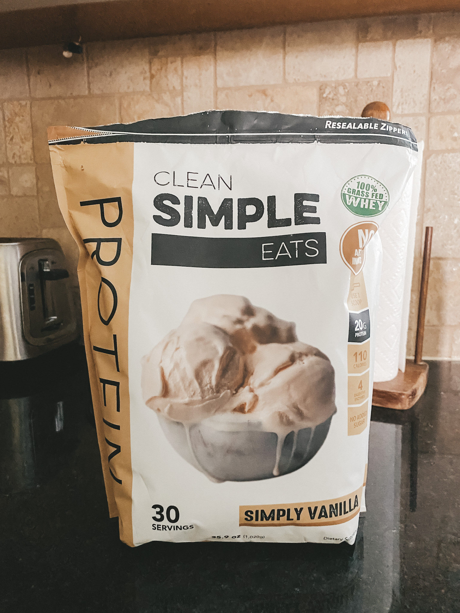 a bag of Clean Simple Eats Simply Vanilla Protein Powder