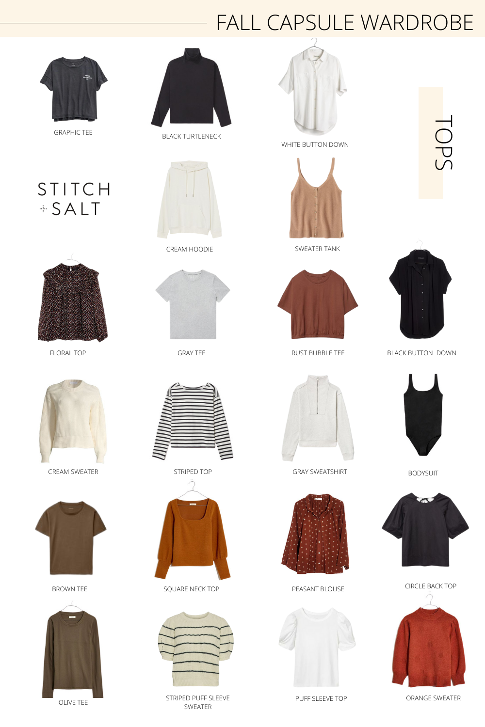 a collage graphic with tops included in my fall capsule wardrobe