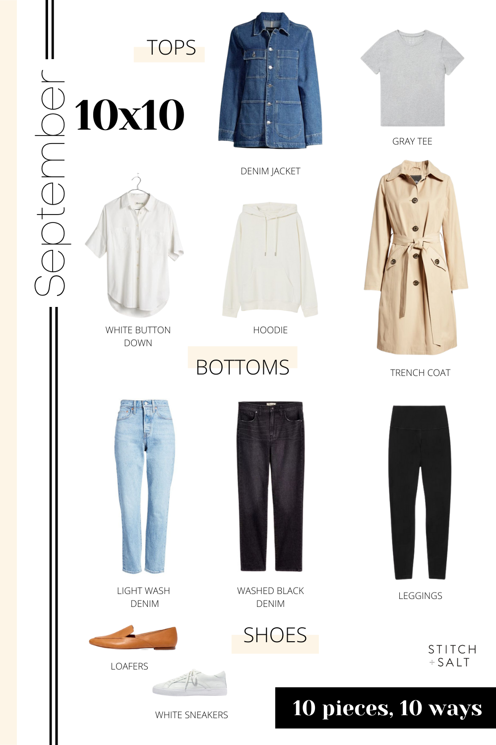 a collage graphic with 10 pieces of clothing to make 10 outfits