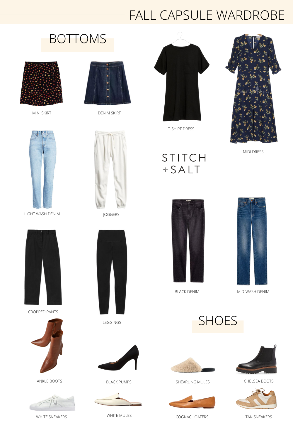 A collage graphic with bottoms and shoes included in my fall capsule wardrobe