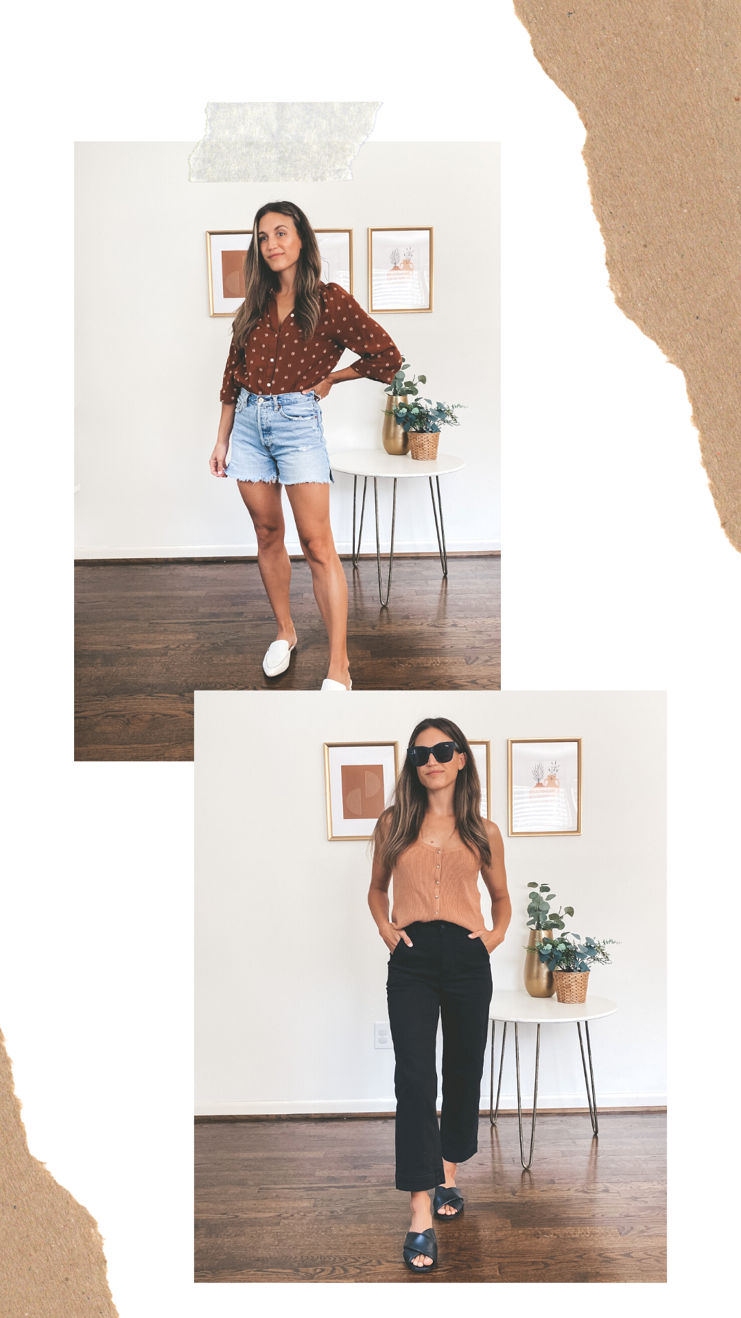 two photos of summer to fall transition outfits