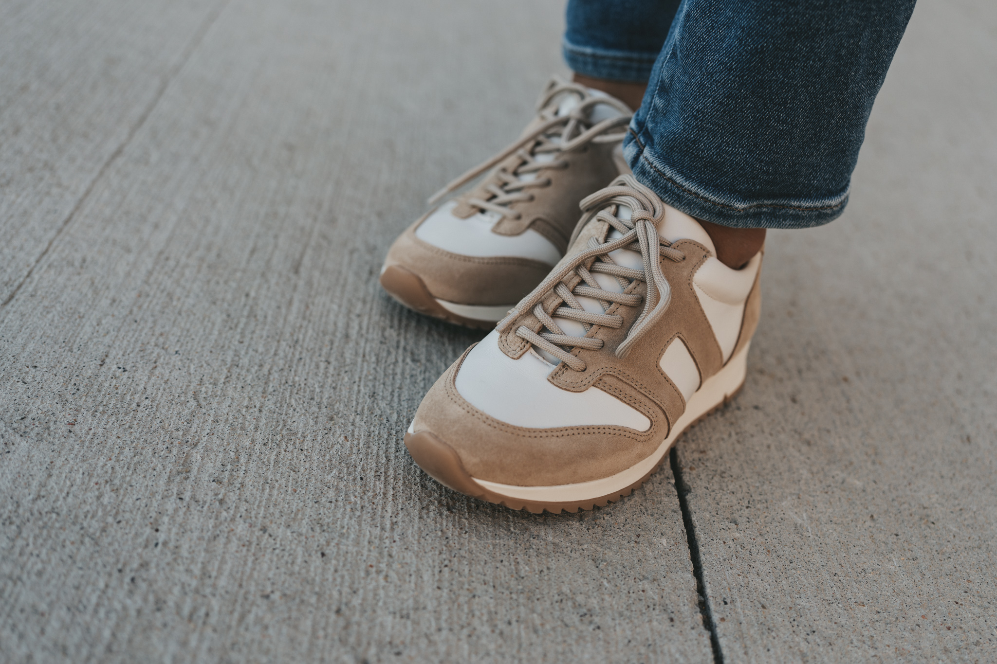 a close up picture of the brown and white leather Blake Sneaker from ABLE