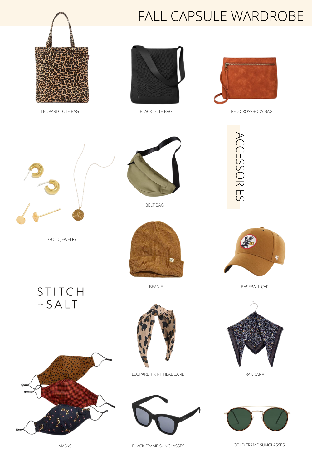 a collage graphic with my fall capsule wardrobe accessories including hats, masks, hair accessories, bags, and sunglasses
