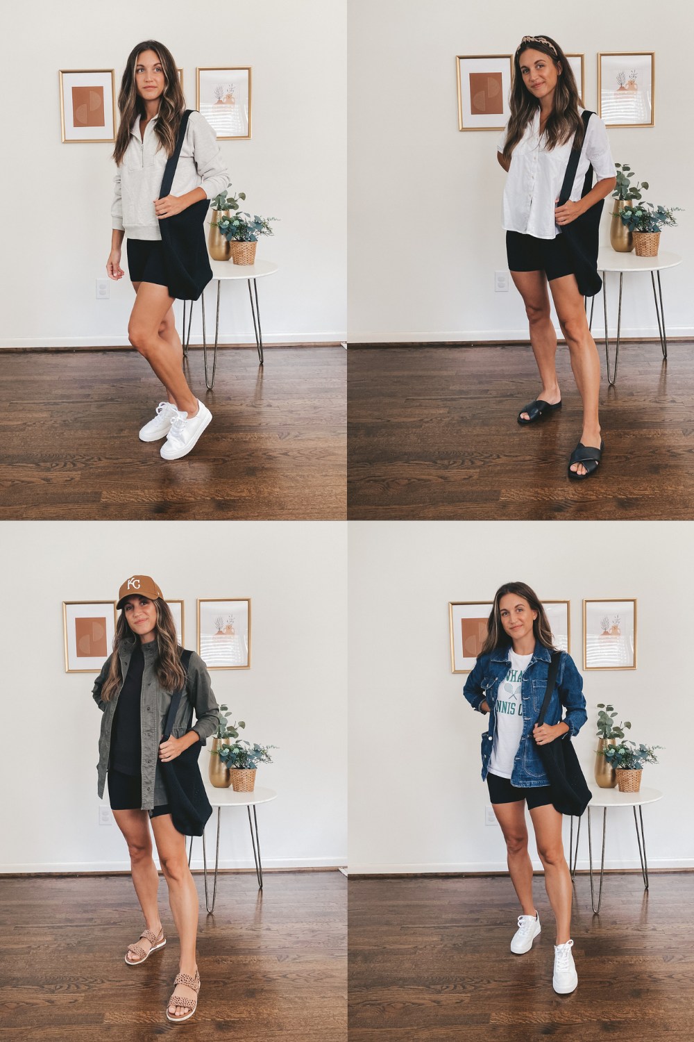 four pictures with different ways to style biker shorts for early fall