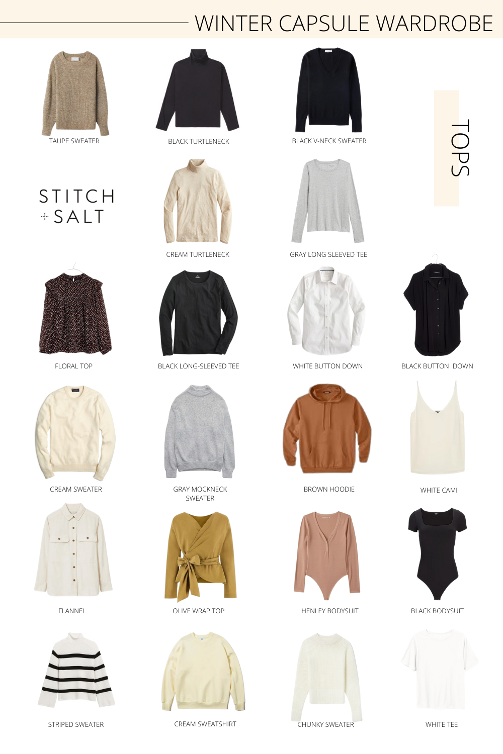 a collage graphic with tops for my winter capsule wardrobe