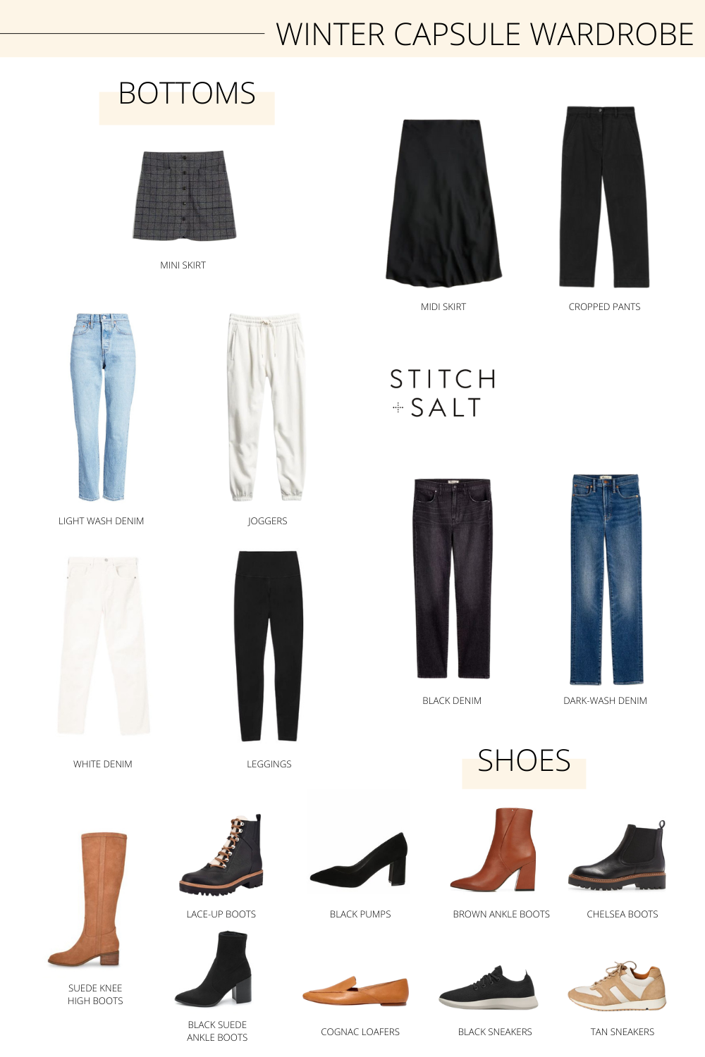 a collage graphic with bottoms and shoes for my winter capsule wardrobe