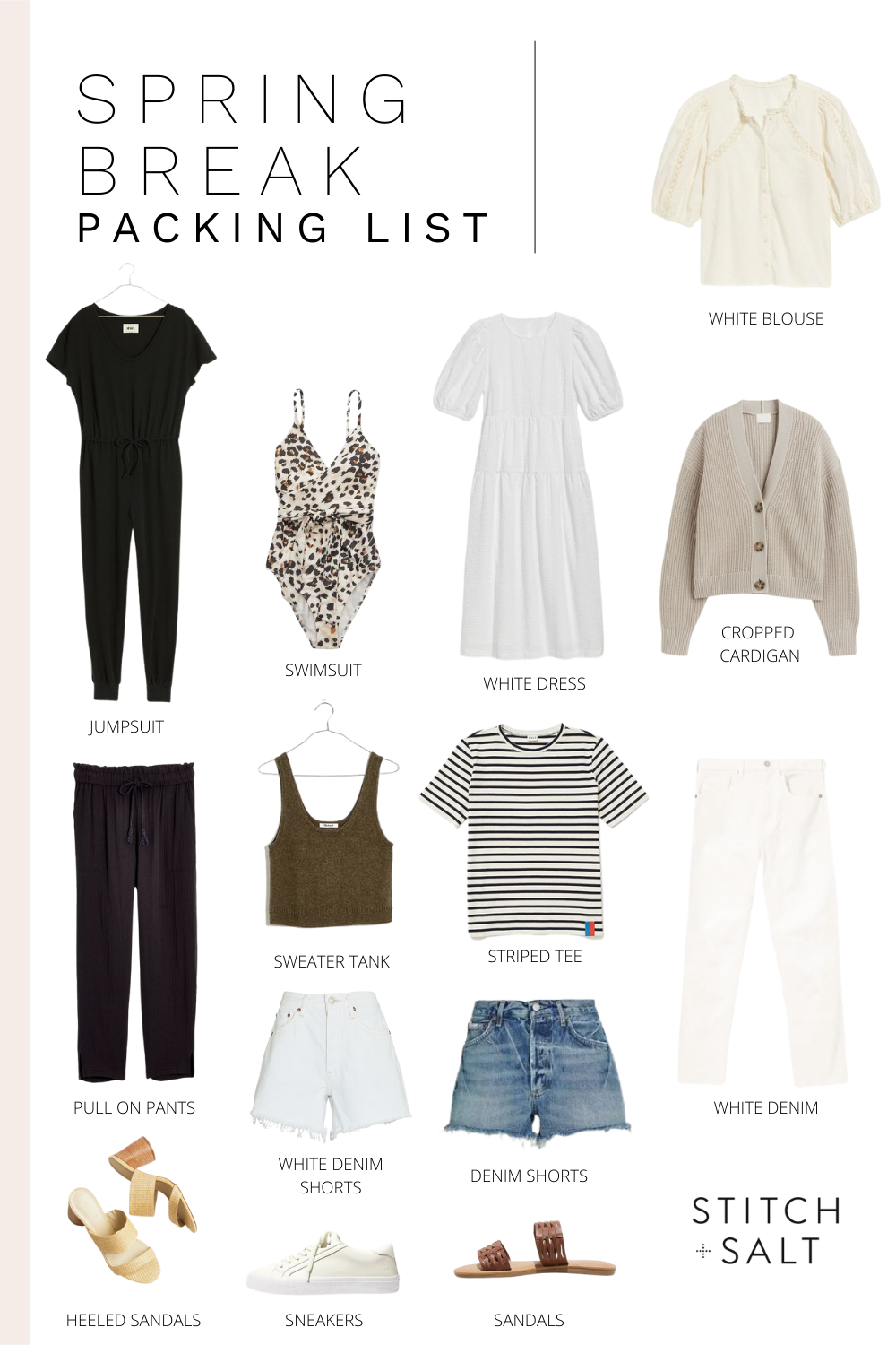 a collage graphic with a spring break packing list with tops, bottoms and shoes