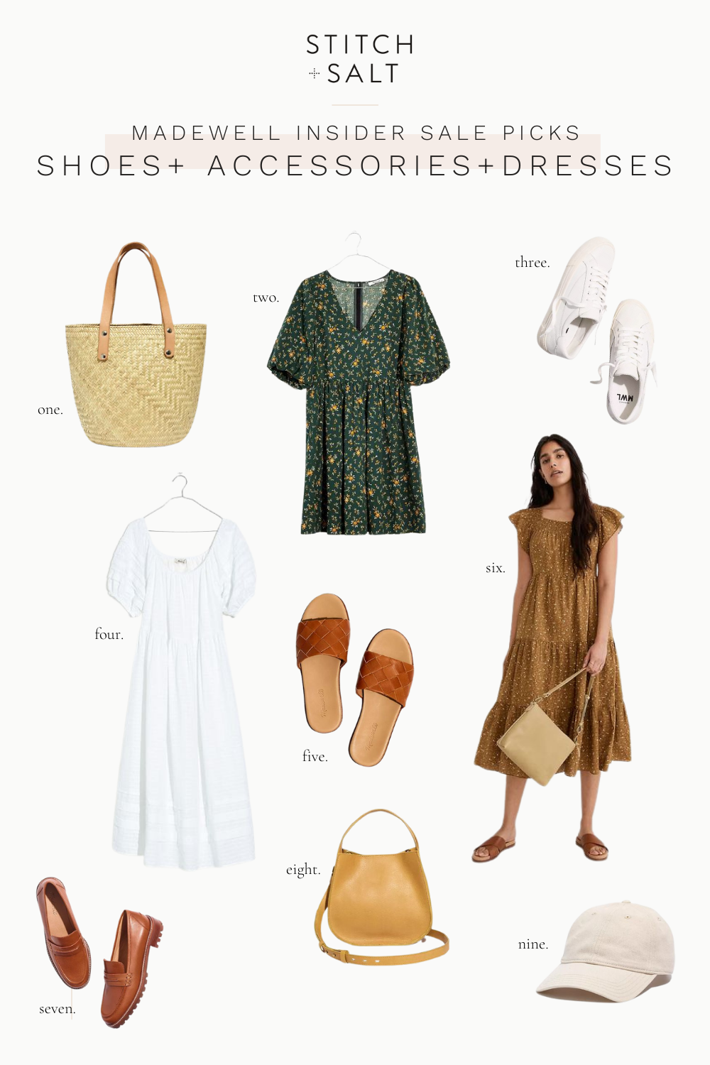a collage graphic with shoes, accessories and dresses from the Madewell Insider