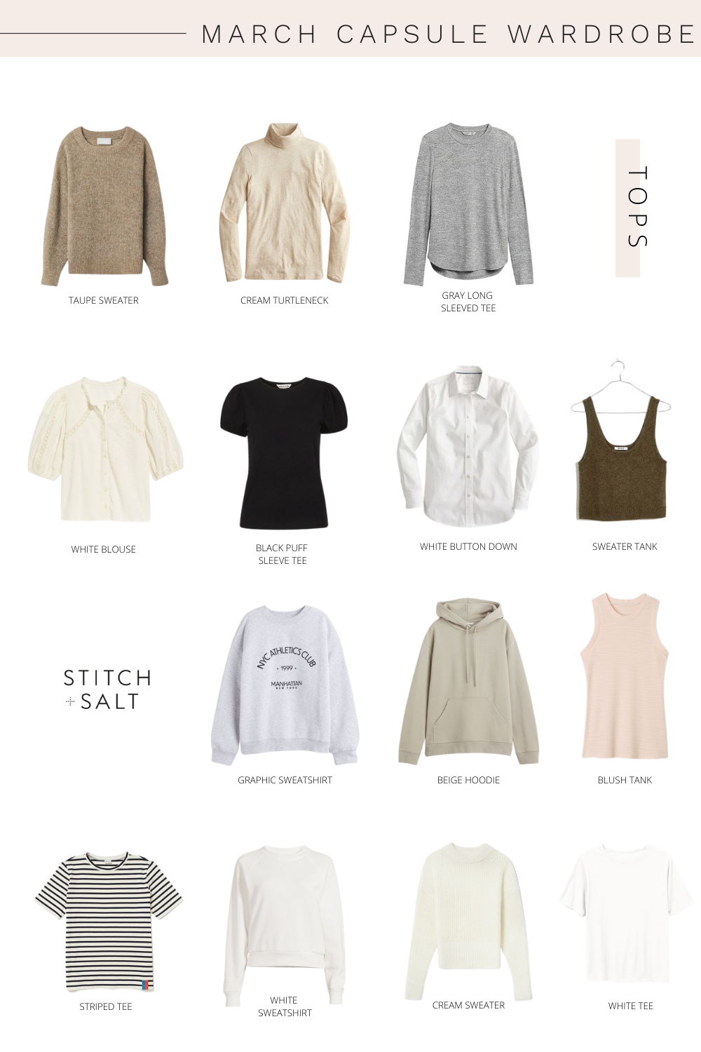 a collage graphic with tops for a spring capsule wardrobe