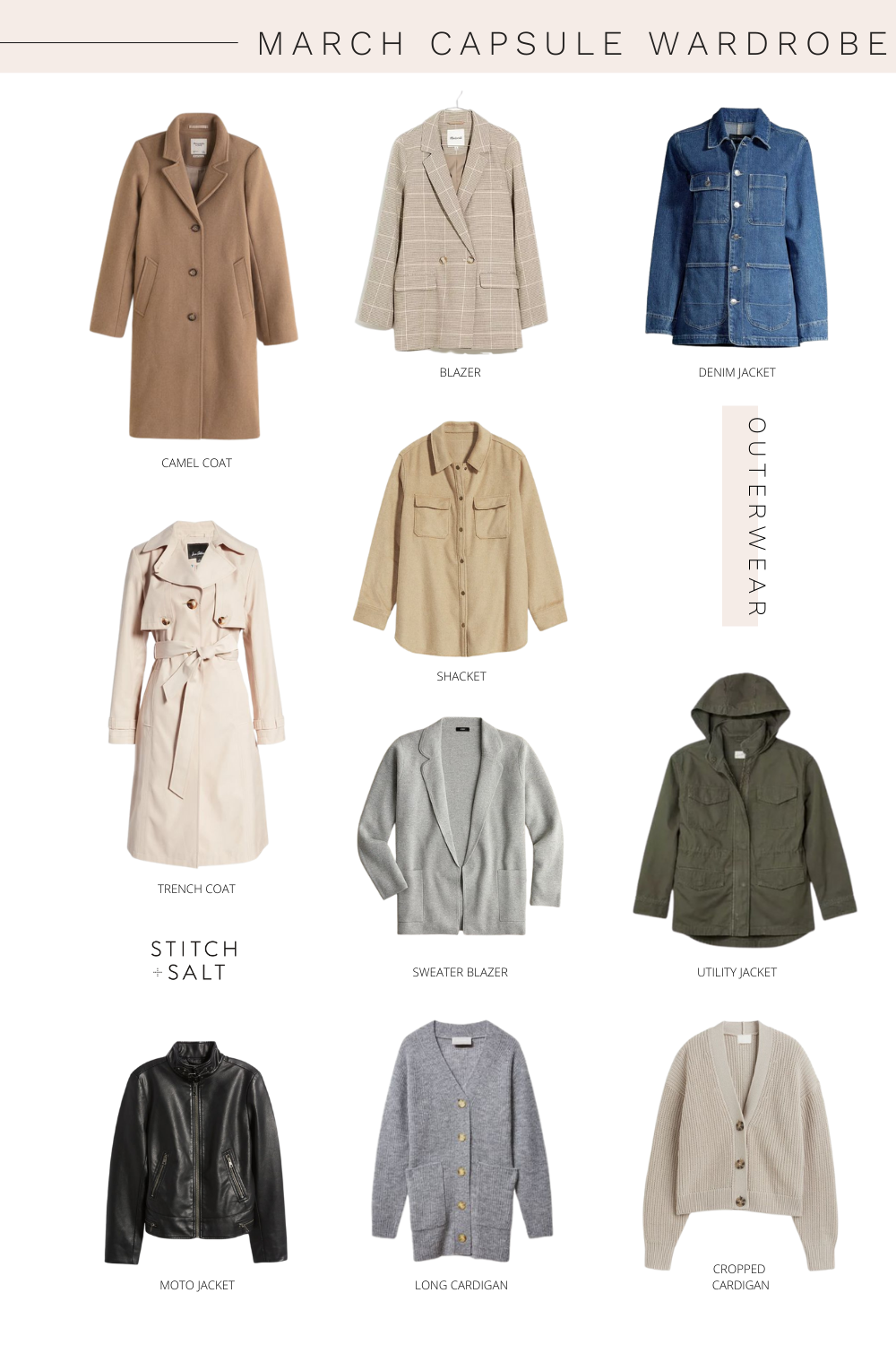 a collage graphic with outerwear for a spring capsule wardrobe