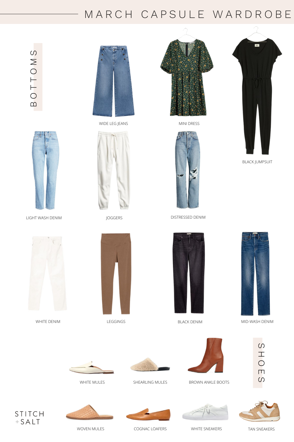 a collage graphic with bottoms and shoes for a spring capsule wardrobe