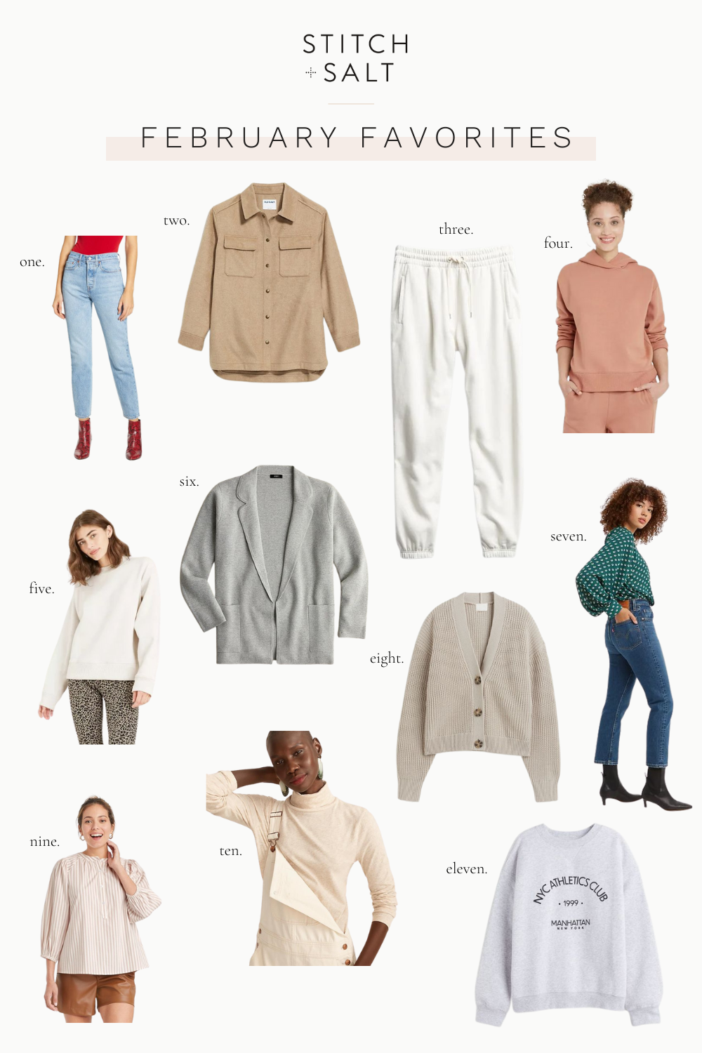 a collage graphic with favorite clothing pieces from the blog in February