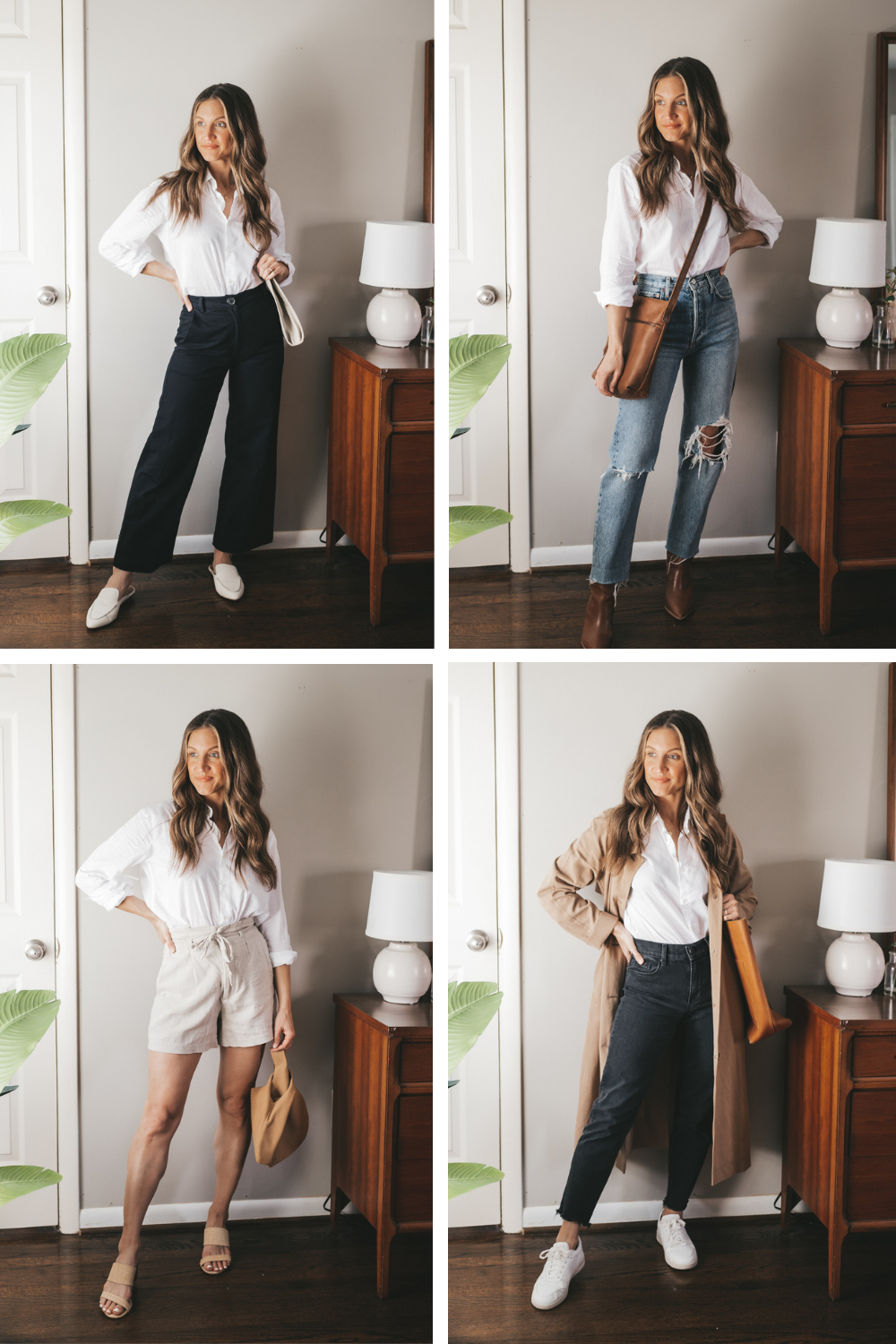 a collage with four ways to style a white button down