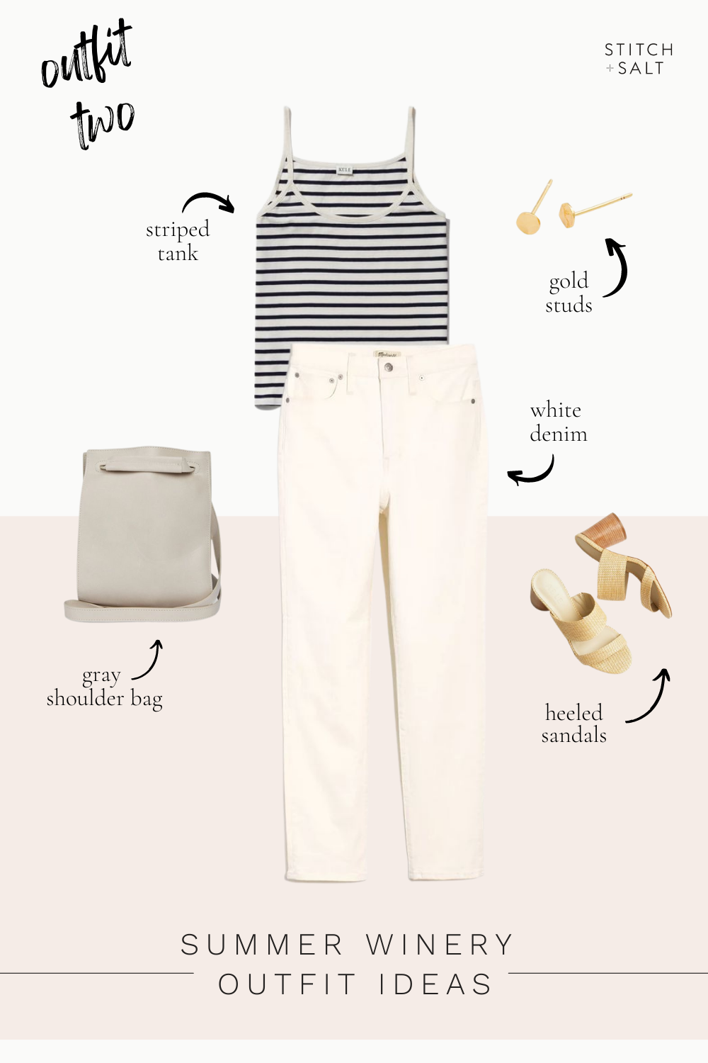 a collage graphic with a striped tank, white denim, heeled sandals, gray shoulder bag, and gold stud earrings