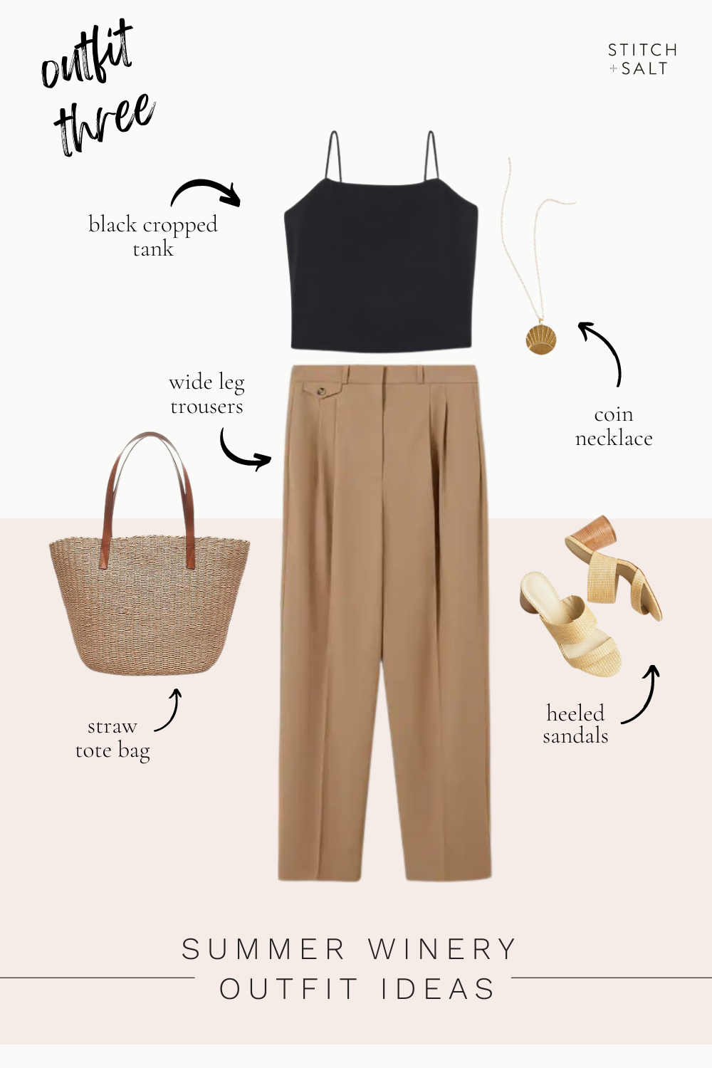 summer winery outfit idea with a black cropped tank, tan trousers, heeled sandals, a straw tote bag, and a gold coin necklace