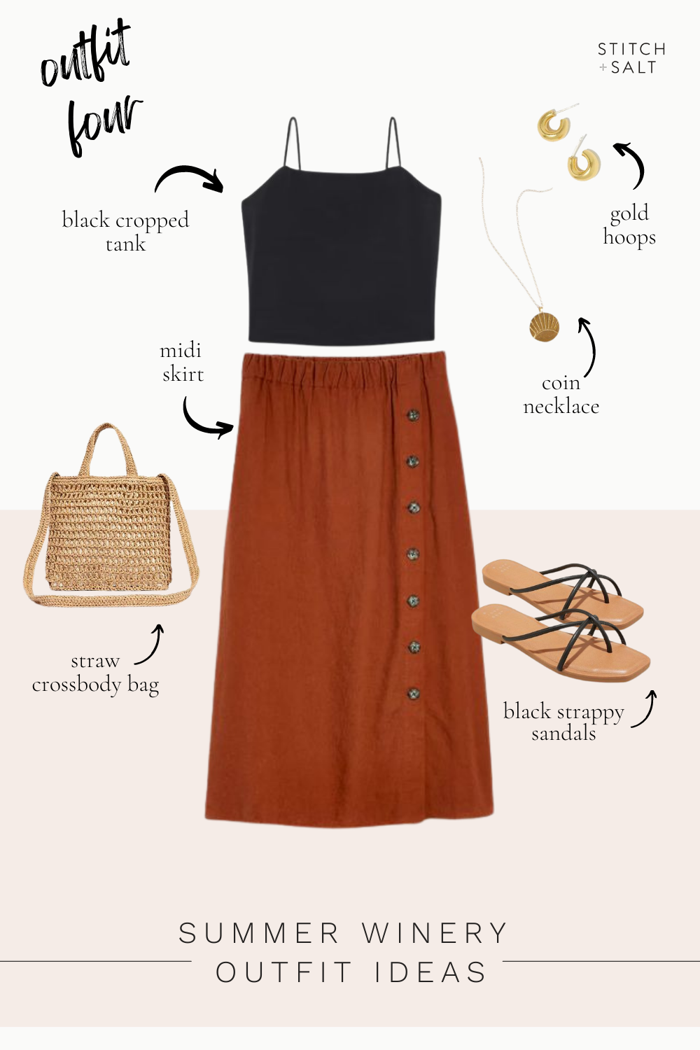 a collage graphic with a black cropped tank, burnt orange midi skirt, black strappy sandals, a straw crossbody bag, a gold coin necklace, and gold hoops