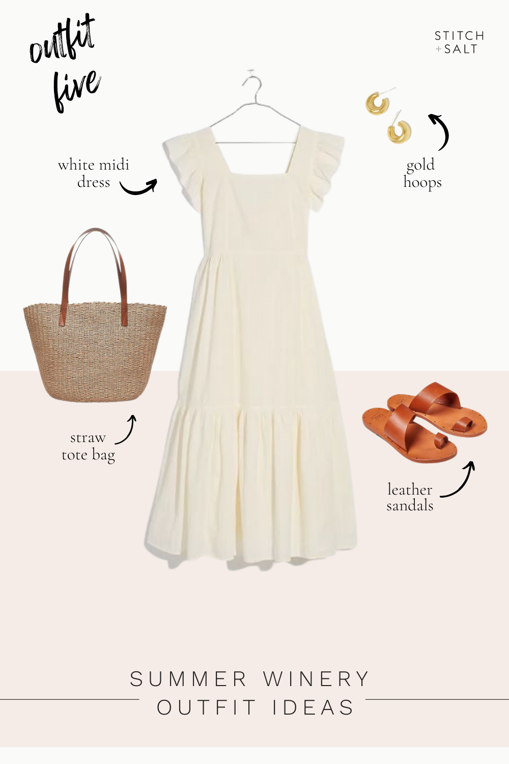 summer winery outfit idea with a white midi dress, leather sandals, a straw tote bag, and gold hoop earrings