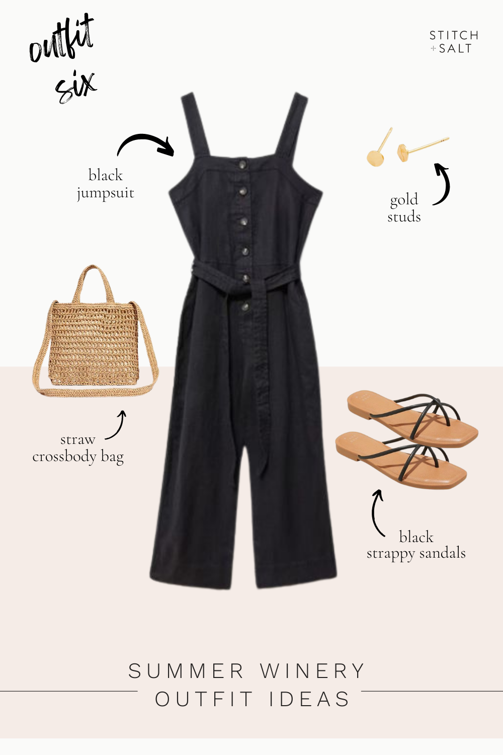 a collage graphic with a black button front jumpsuit, black strappy sandals, a straw crossbody bag, and gold stud earrings