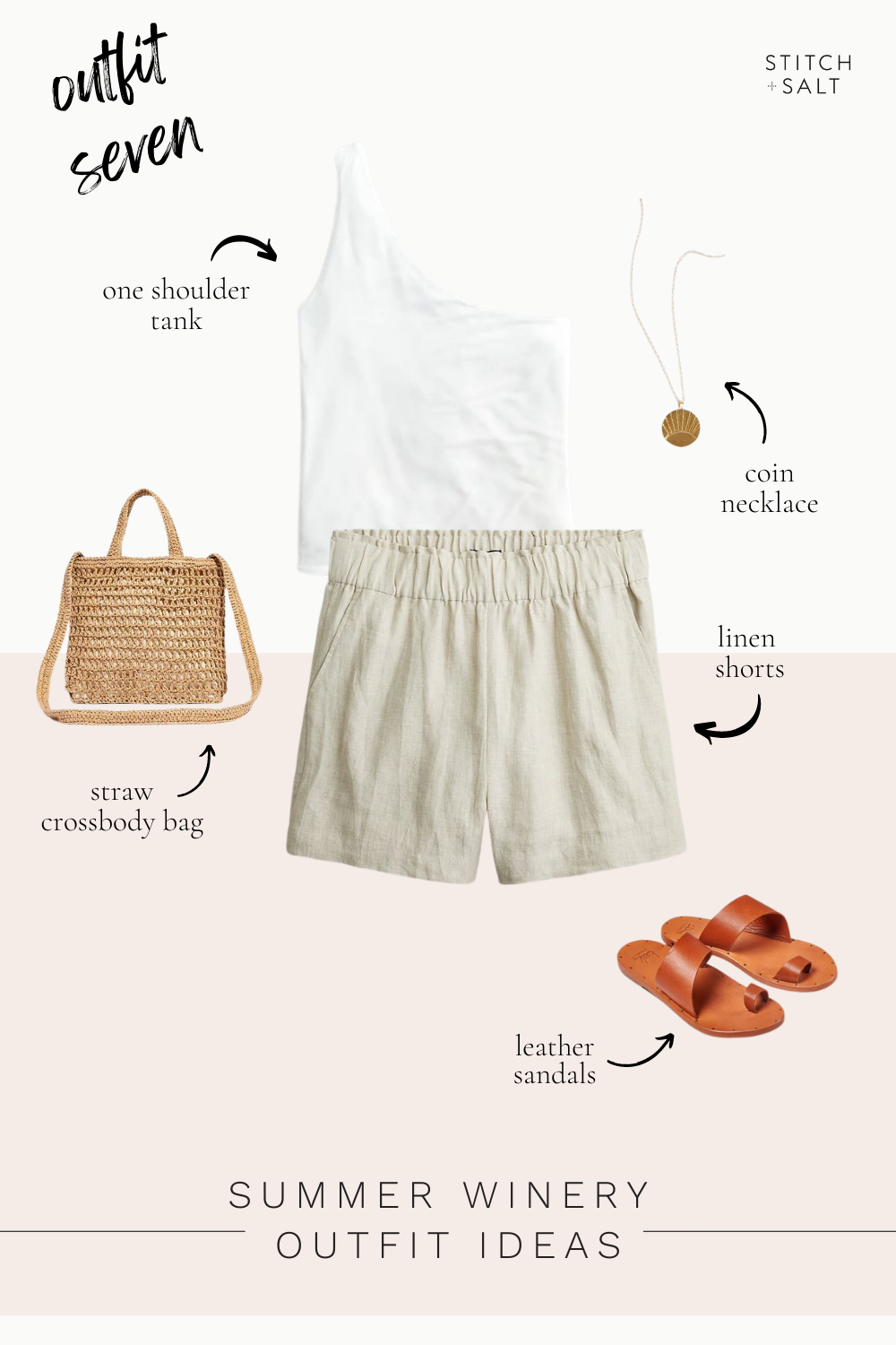 summer winery outfit idea with a white one shoulder tank, flax colored linen shorts, brown leather sandals, a straw crossbody bag, and a gold coin necklace