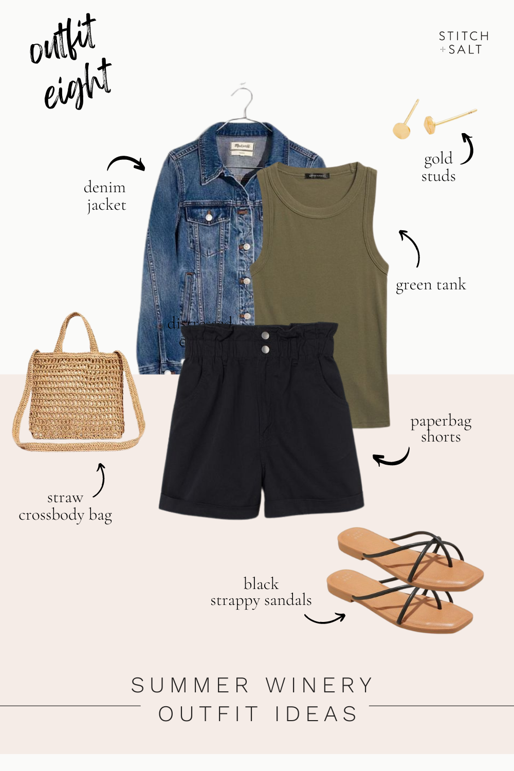 summer winery outfit idea with a green ribbed tank, denim jacket, black paperbag shorts, and black strappy sandals