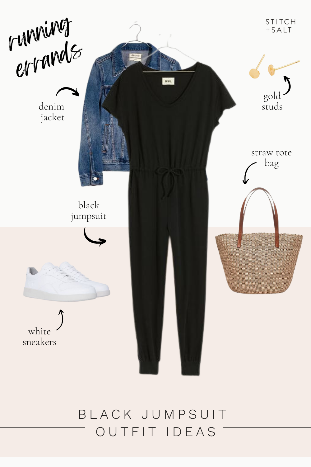 black jumpsuit outfit idea with a denim jacket, white sneakers, straw tote bag and gold studs