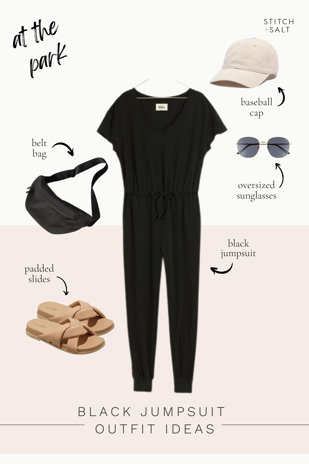black jumpsuit outfit with a black belt bag, oversized sunglasses, nude padded slides, and a cream colored baseball cap