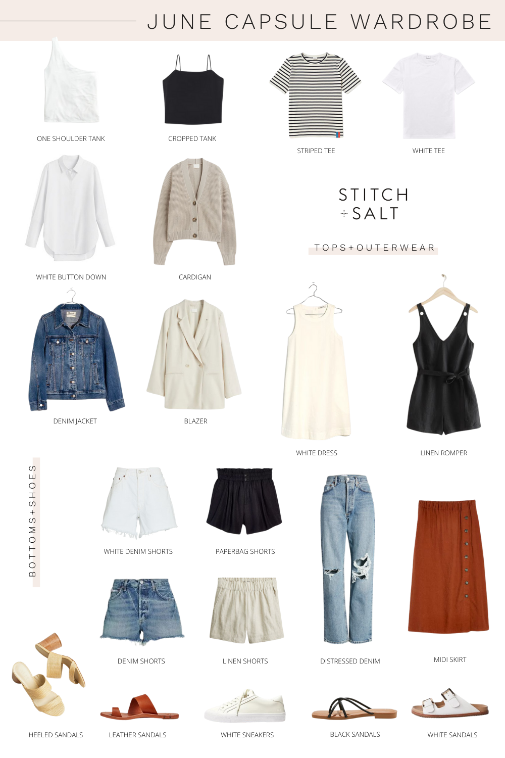 a collage graphic with a pieces for a June capsule wardrobe