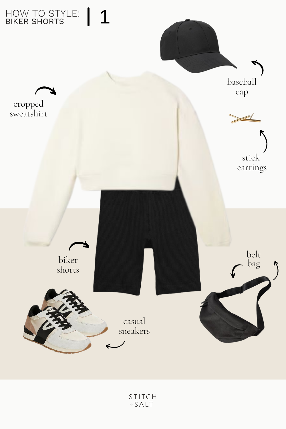 a collage graphic with a biker shorts outfit idea with a cropped sweatshirt and casual sneakers