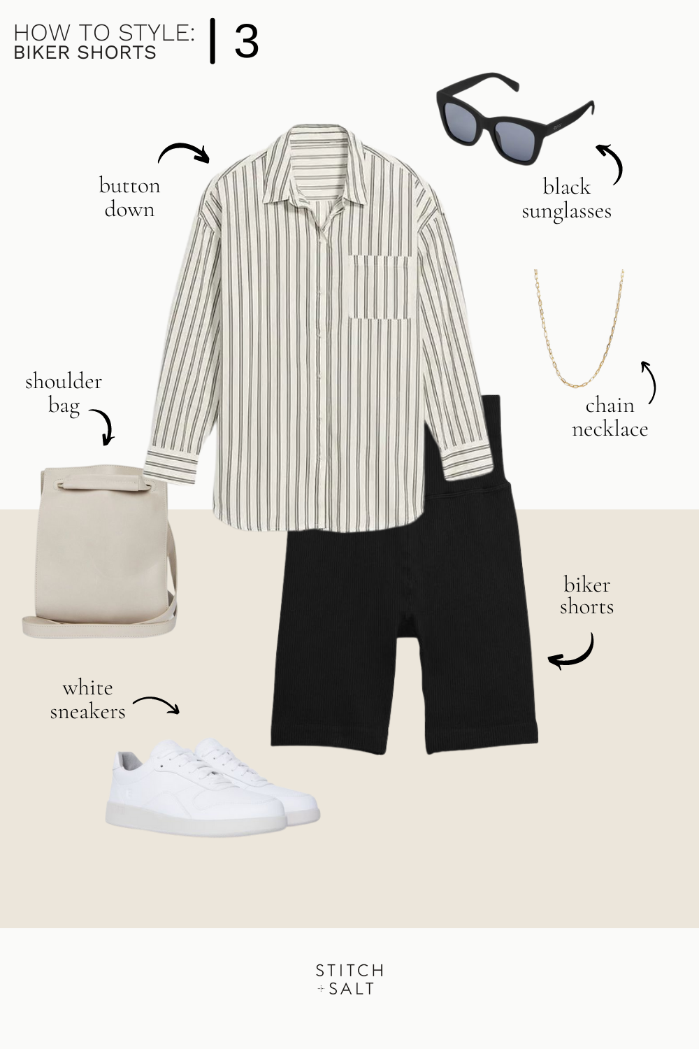 a collage graphic with a biker shorts outfit idea with a black and white striped button down and white sneakers