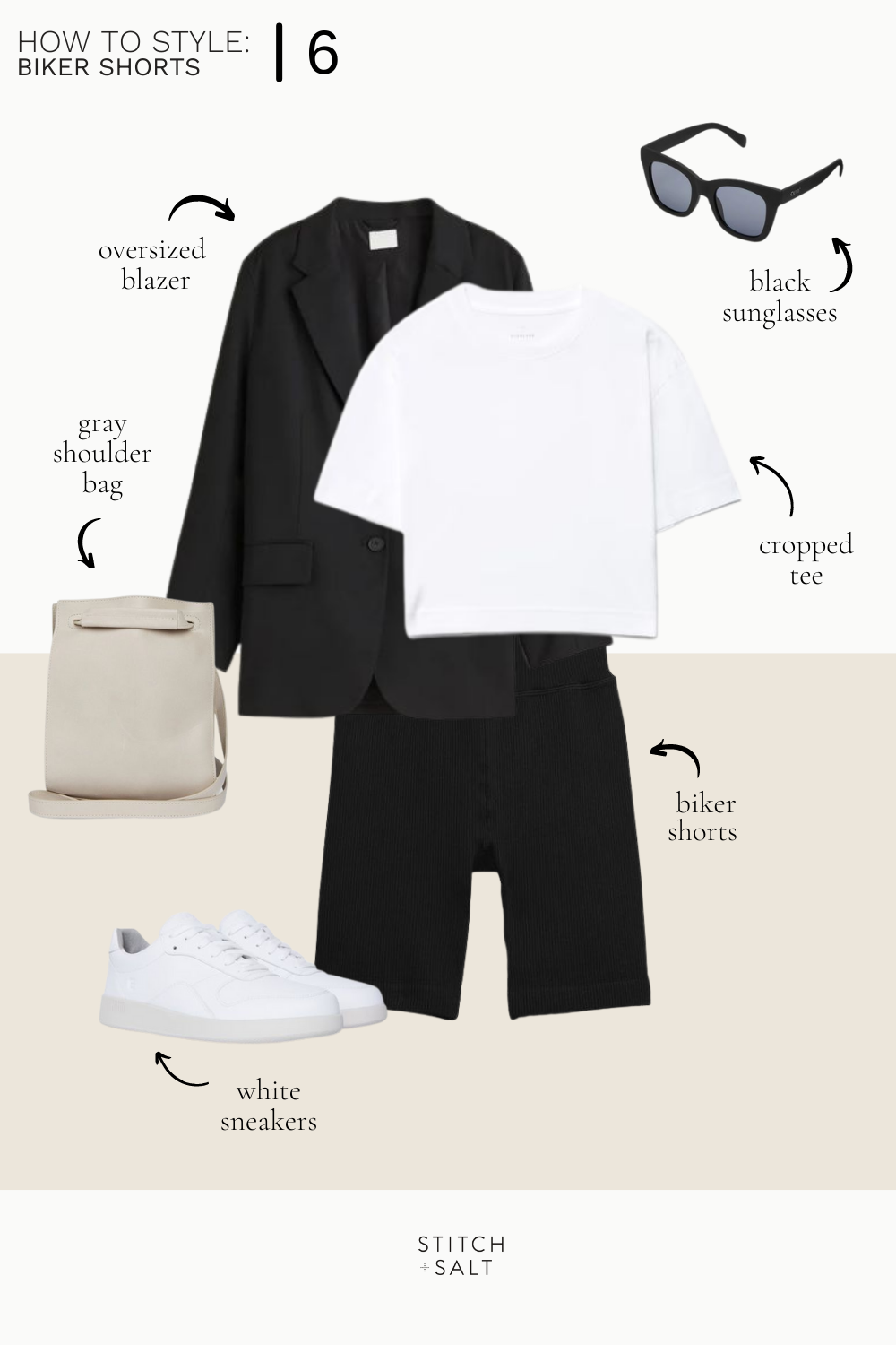 a collage graphic with a biker shorts outfit idea with a cropped white tee, black blazer and white sneakers
