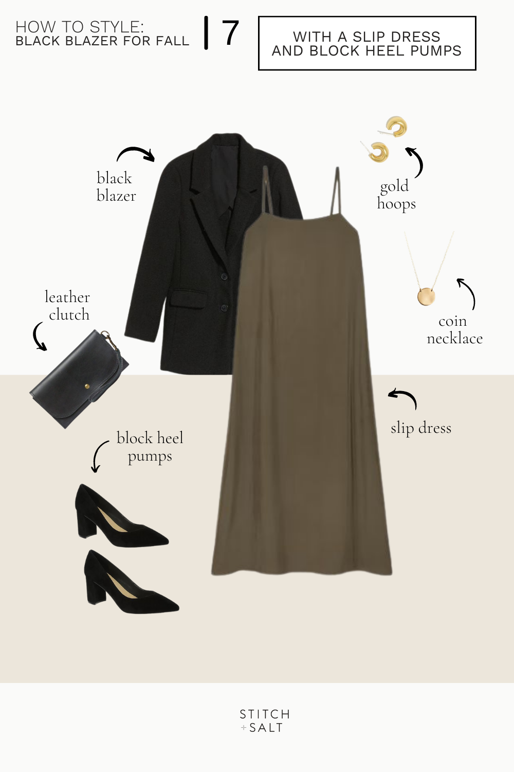 a date night outfit idea with a black blazer, green slip dress, black pumps, and a clutch bag