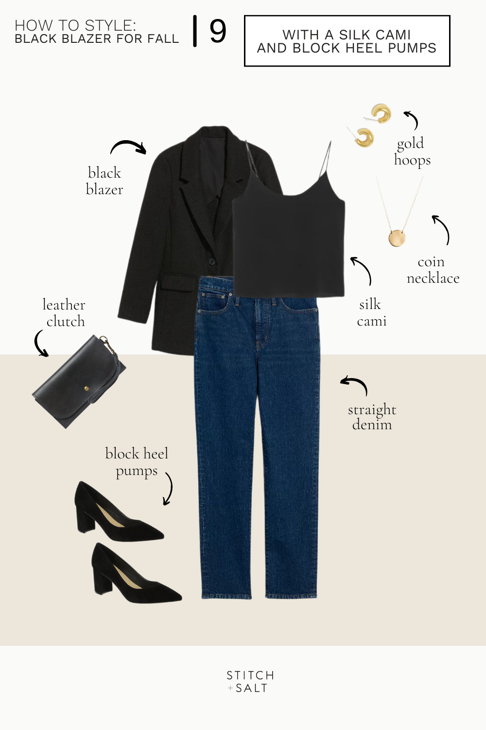 a date night outfit idea with a black blazer, silk cami, black pumps, and black clutch bag