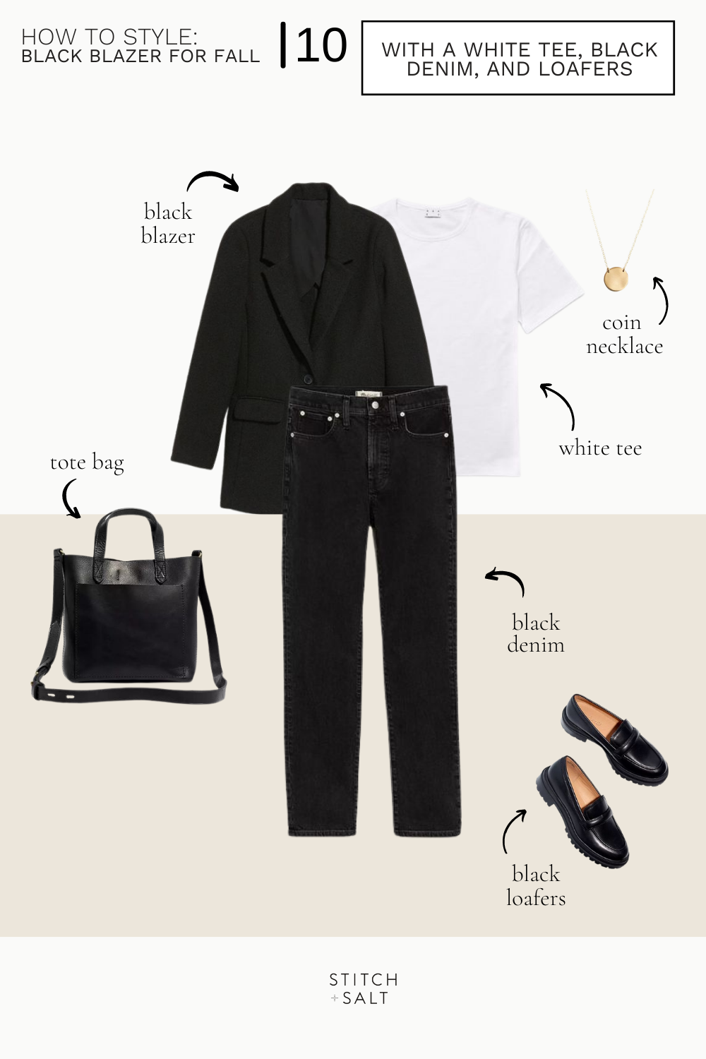a black blazer outfit idea for fall with a white tee, black denim, and black loafers