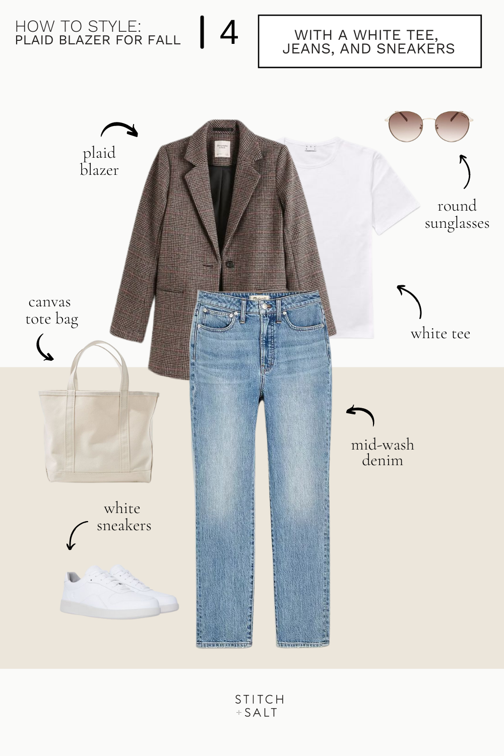 a plaid blazer outfit idea with a white tee, mid-wash denim, white sneakers, and a canvas tote bag