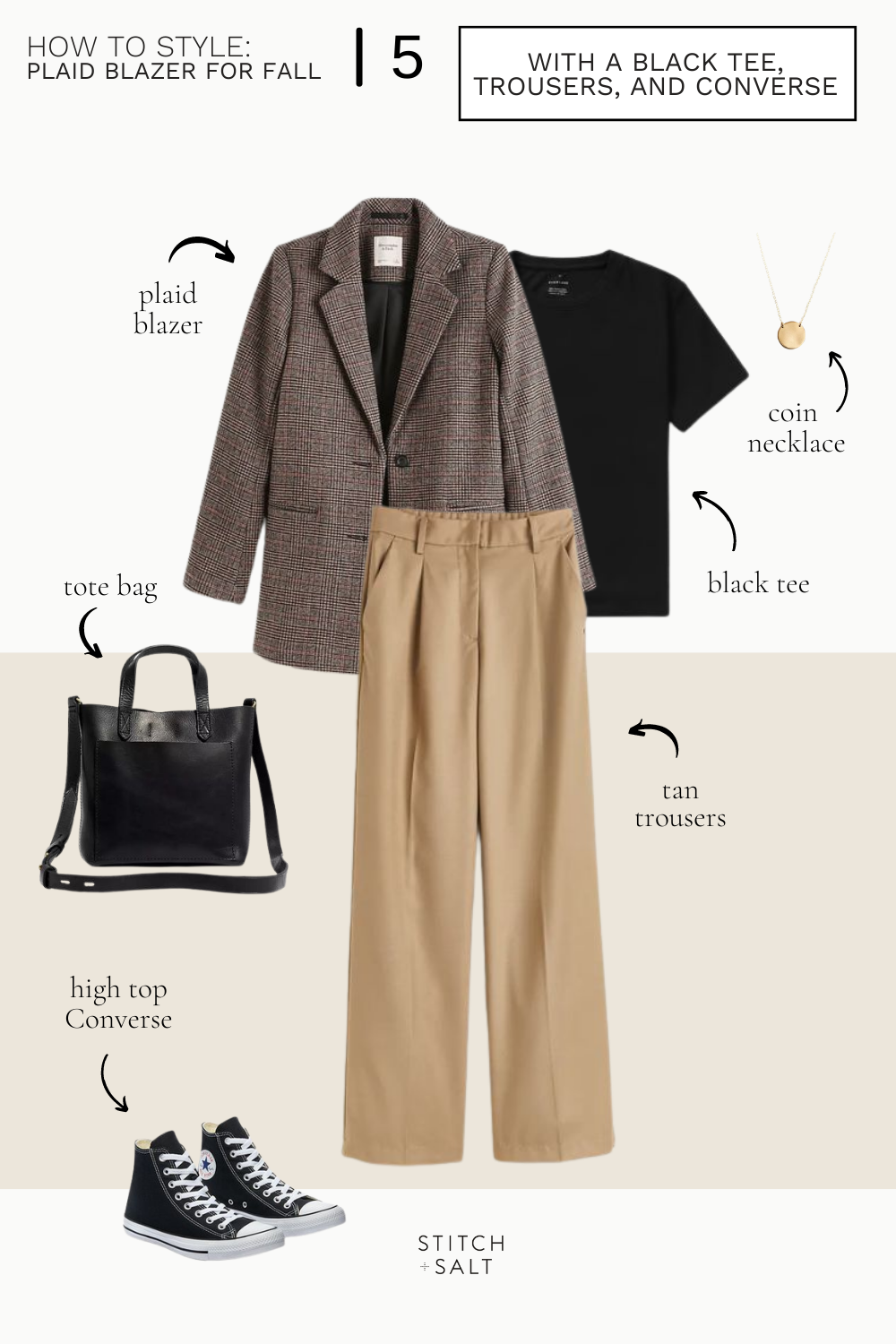 a plaid blazer outfit idea with a black tee, tan trousers, and black high top Converse