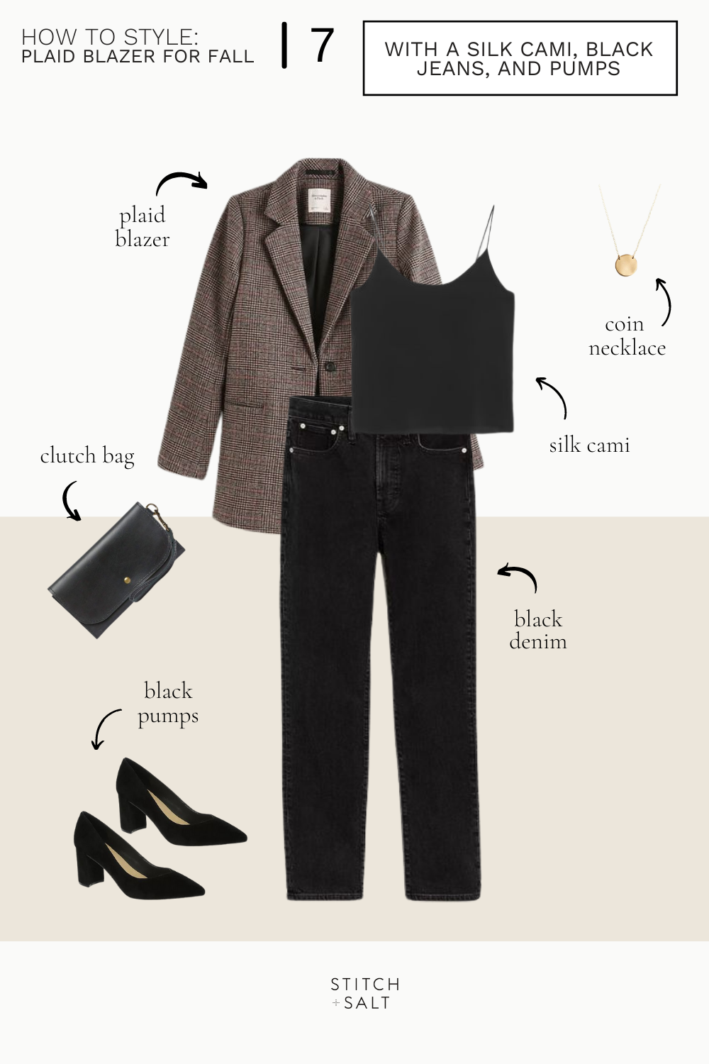 a collage graphic with how to style a plaid blazer with a black silk cami, black denim, and black pumps
