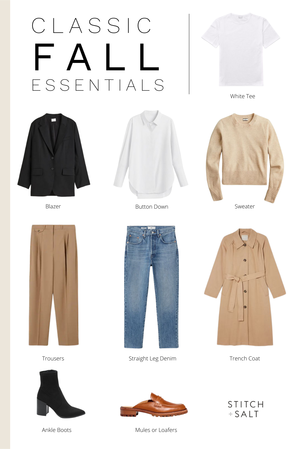 a collage graphic with nine fall wardrobe essentials 
