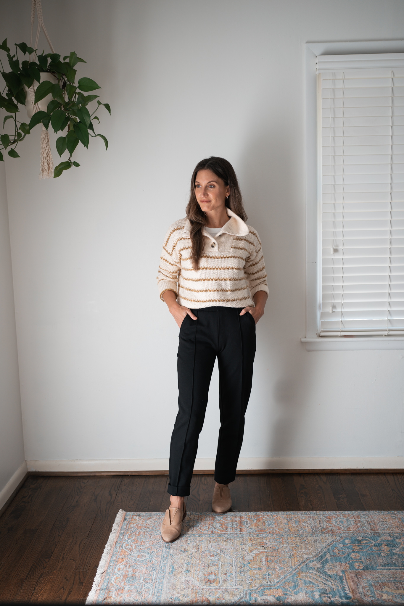 ways to style black pants with a striped collared sweater and oxfords
