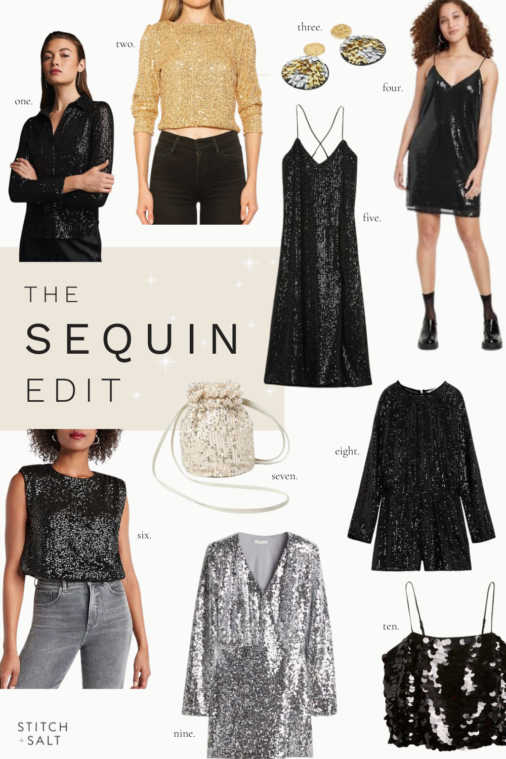 a collage graphic with ten sequined pieces for a holiday party