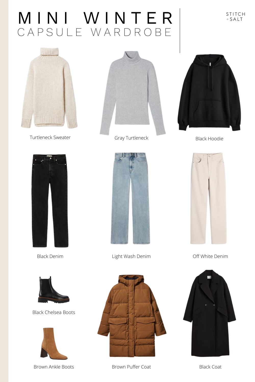 a collage graphic with ten pieces to make a mini winter capsule wardrobe