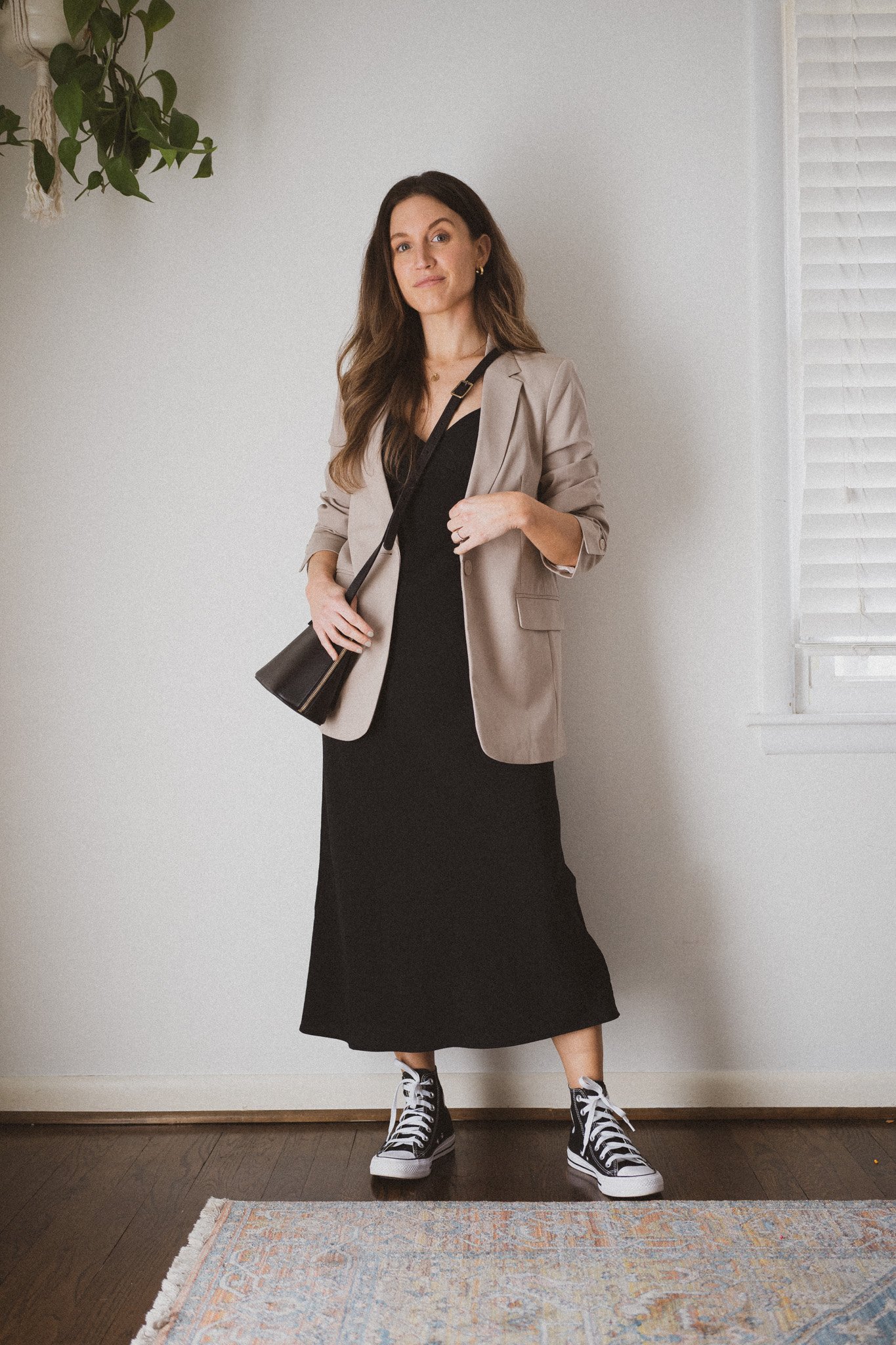 slip dress outfit with a taupe blazer and black high top converse