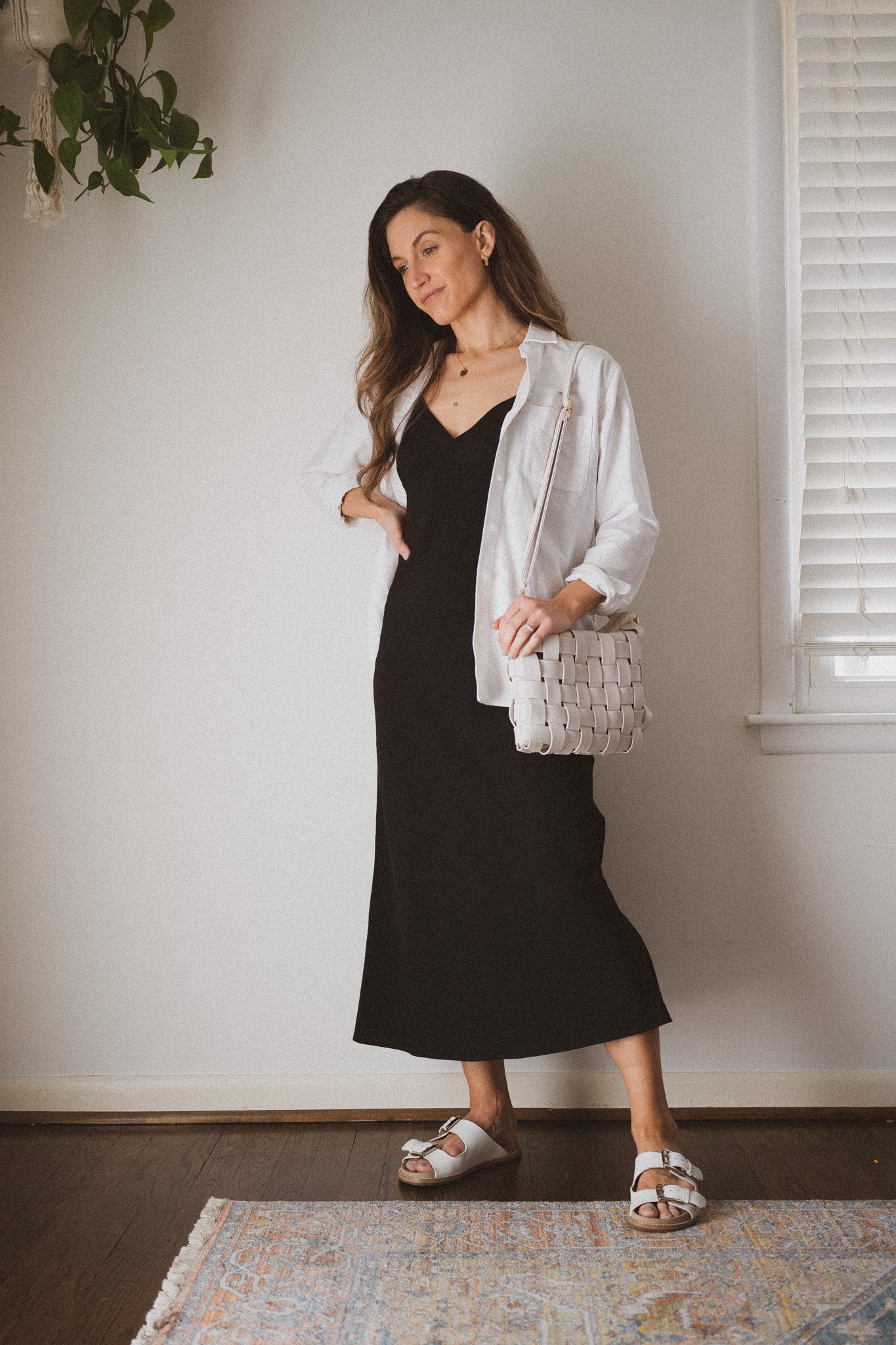 slip dress outfit with a white button down unbuttoned and white casual sandals