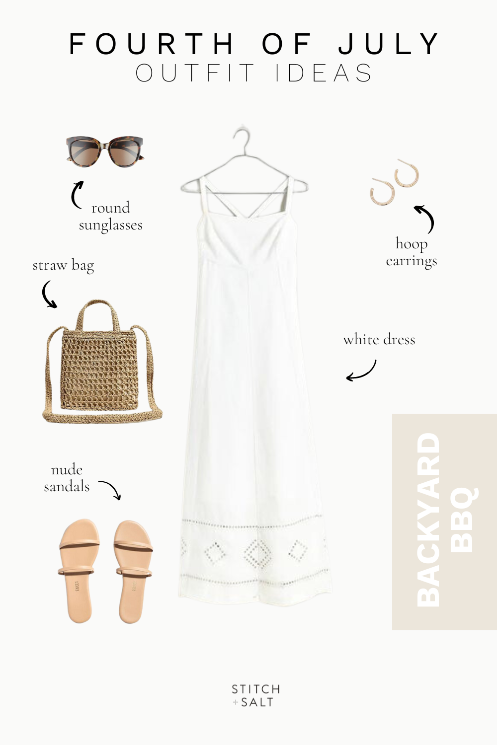 fourth of july outfit with a white dress, straw handbag, hoop earrings, round sunglasses and nude sandals
